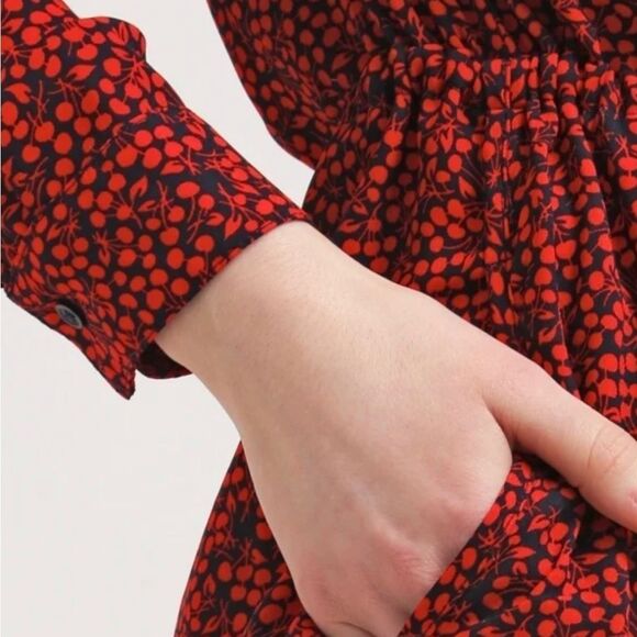 GAP Red Navy Small Cherry Print Henley Neckline‎ Soft Tie Shirt Dress - Picture 5 of 15